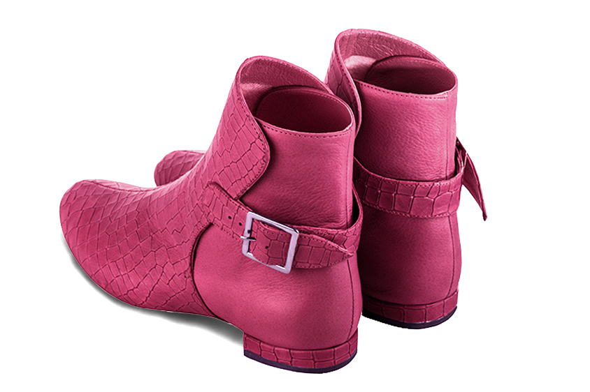 Fuschia pink women's ankle boots with buckles at the back. Round toe. Flat block heels. Rear view - Florence KOOIJMAN